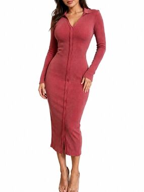 Lulu's Fitted Ribbed Midi Dress in Dusty Rose